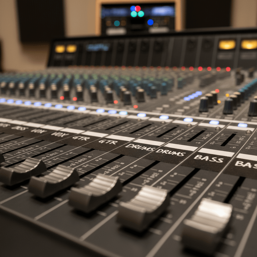 Black gaffer tape labels with handwritten channel names on a professional audio mixing console