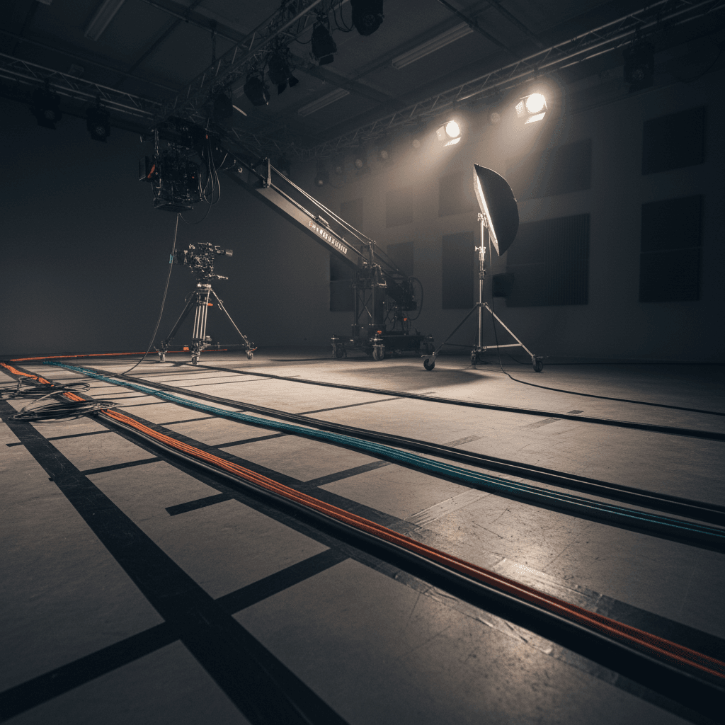 Black gaffer tape securing cables on a professional film production set floor
